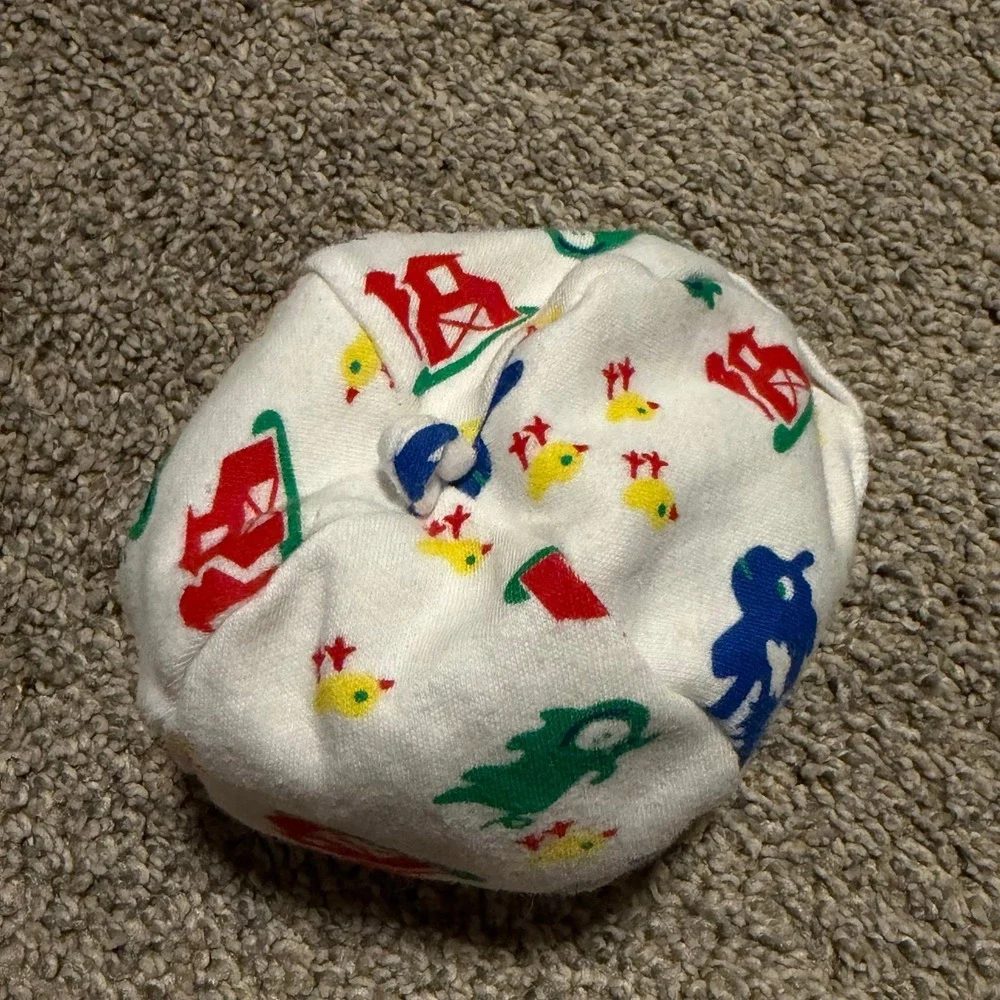 Vintage Baby Hat 0-6 Months Farm Animal Print Color Block Infant Soft